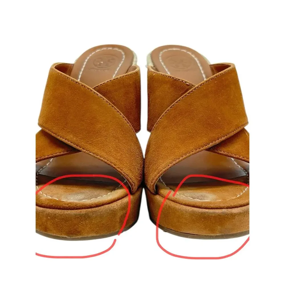 Tory Burch Bailey Sandals Caramel Suede Upper Espadrille Wedge Size 7 Gold Logo